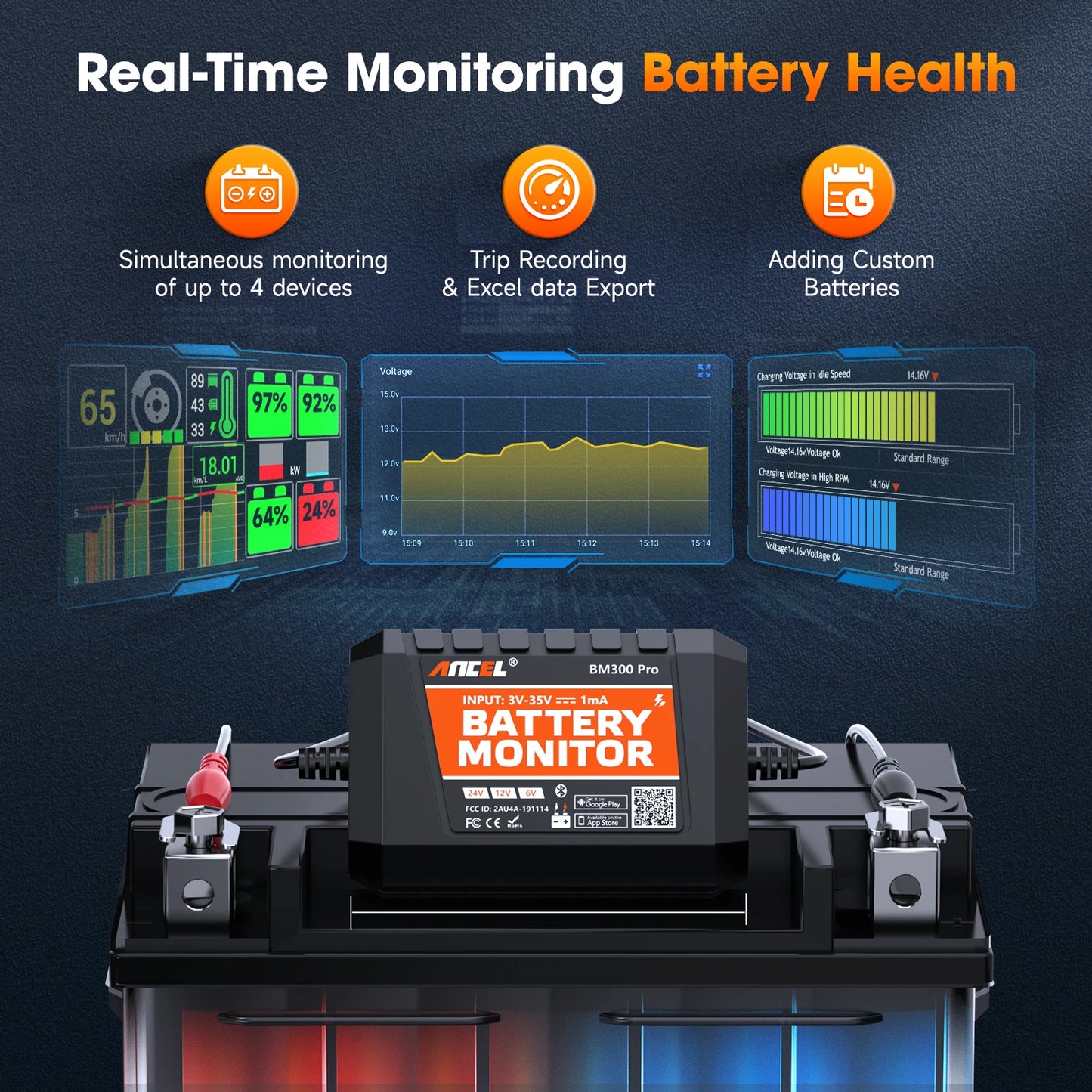 Pro Battery Monitor 24V Battery Health Analyzer 12V Battery Tester SOC