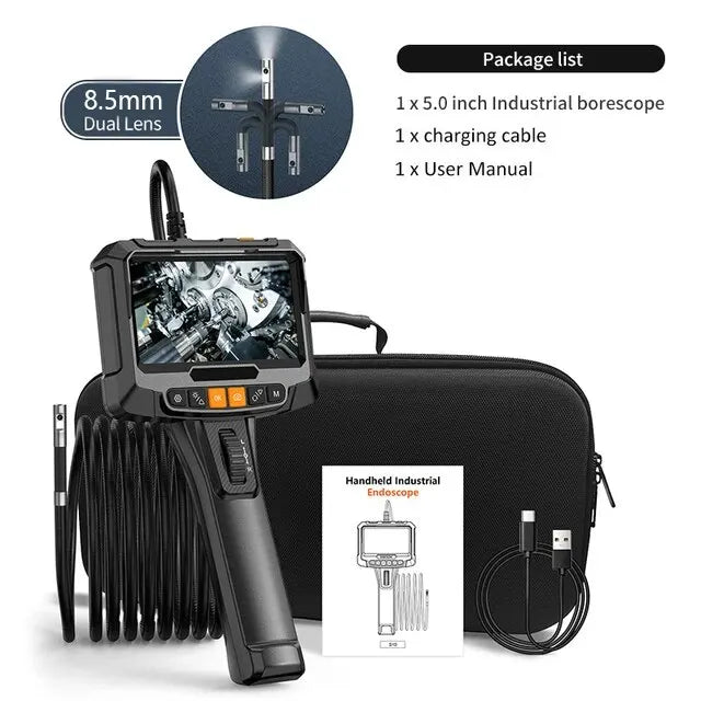 360° 1080P Steering Endoscope for Car Engine and Pipe, 8mm 5" IPS Screen Single Dual Lens Inspection