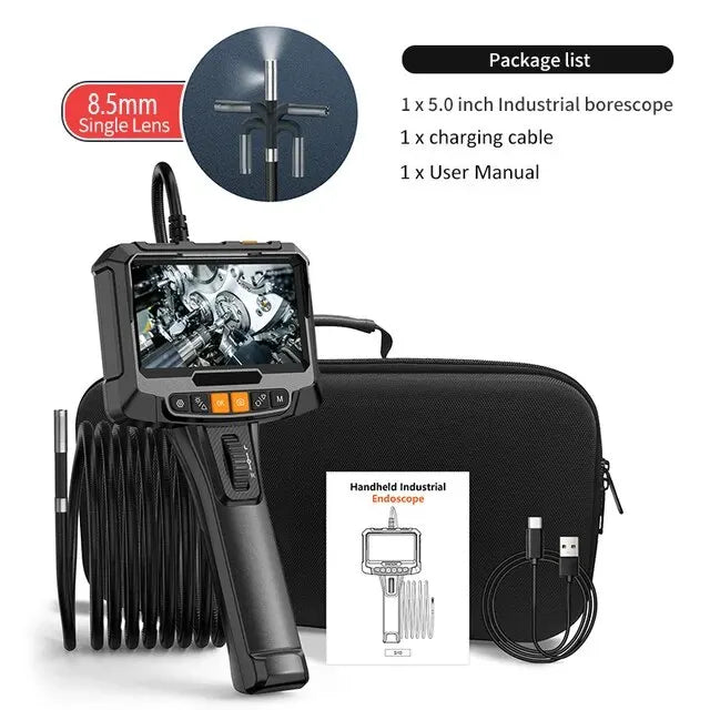 360° 1080P Steering Endoscope for Car Engine and Pipe, 8mm 5" IPS Screen Single Dual Lens Inspection