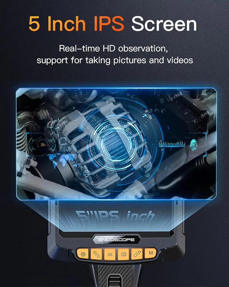 360° 1080P Steering Endoscope for Car Engine and Pipe, 8mm 5" IPS Screen Single Dual Lens Inspection