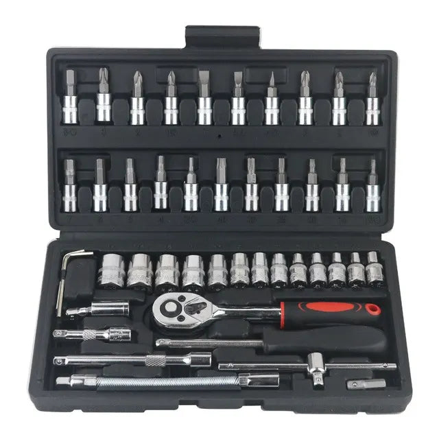 46Pcs Car Repair Tool Kit, 1/4" Socket Set, Ratchet Torque Wrench