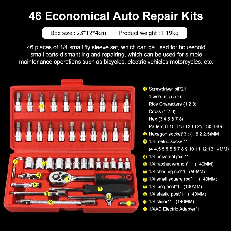 46Pcs Car Repair Tool Kit, 1/4" Socket Set, Ratchet Torque Wrench