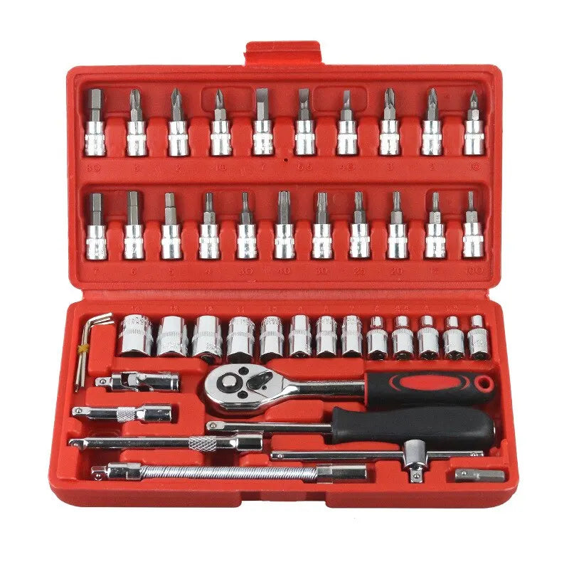 46Pcs Car Repair Tool Kit, 1/4" Socket Set, Ratchet Torque Wrench