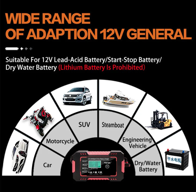 12V 6A Car Battery Charger, LCD Display Intelligent Fast Charging AGM Deep Cycle GEL Lead-Acid Battery