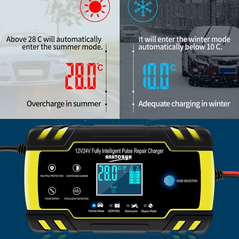 12/24V 8A Automatic Car Battery Charger with Digital LCD for Wet and Dry Lead-Acid Batteries