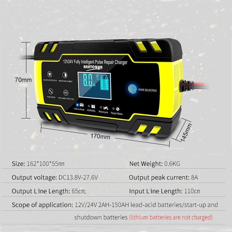 12/24V 8A Automatic Car Battery Charger with Digital LCD for Wet and Dry Lead-Acid Batteries