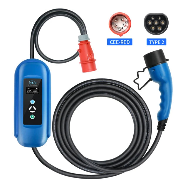 Mobile EV Charger 16A 11KW with Type 2 IEC-62196 Plug and Timer – 5M Cable for Hybrid EVs