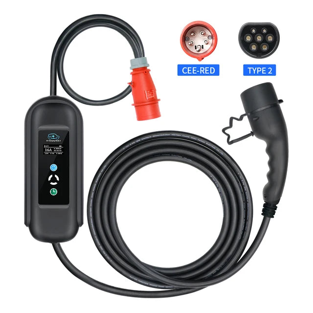 Mobile EV Charger 16A 11KW with Type 2 IEC-62196 Plug and Timer – 5M Cable for Hybrid EVs