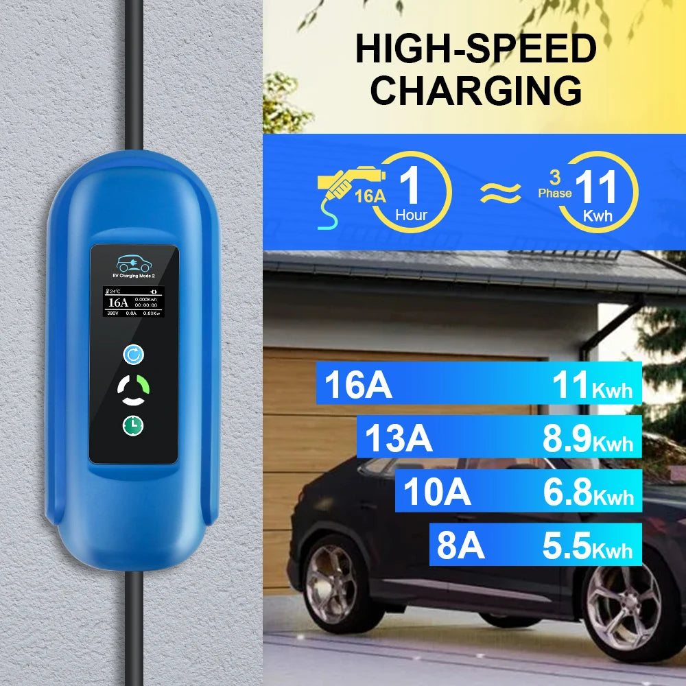 Mobile EV Charger 16A 11KW with Type 2 IEC-62196 Plug and Timer – 5M Cable for Hybrid EVs