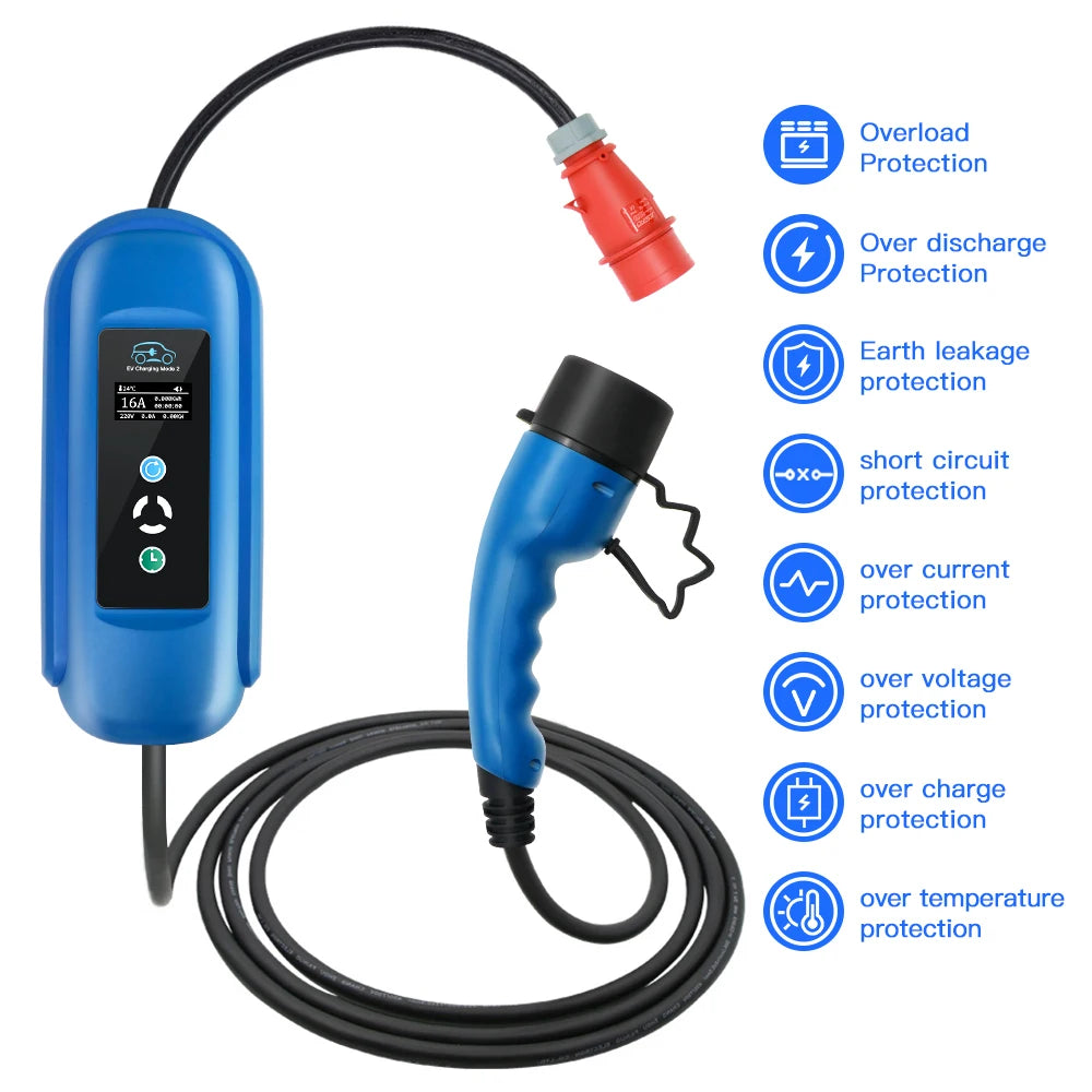 Mobile EV Charger 16A 11KW with Type 2 IEC-62196 Plug and Timer – 5M Cable for Hybrid EVs