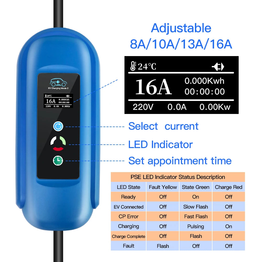 Mobile EV Charger 16A 11KW with Type 2 IEC-62196 Plug and Timer – 5M Cable for Hybrid EVs