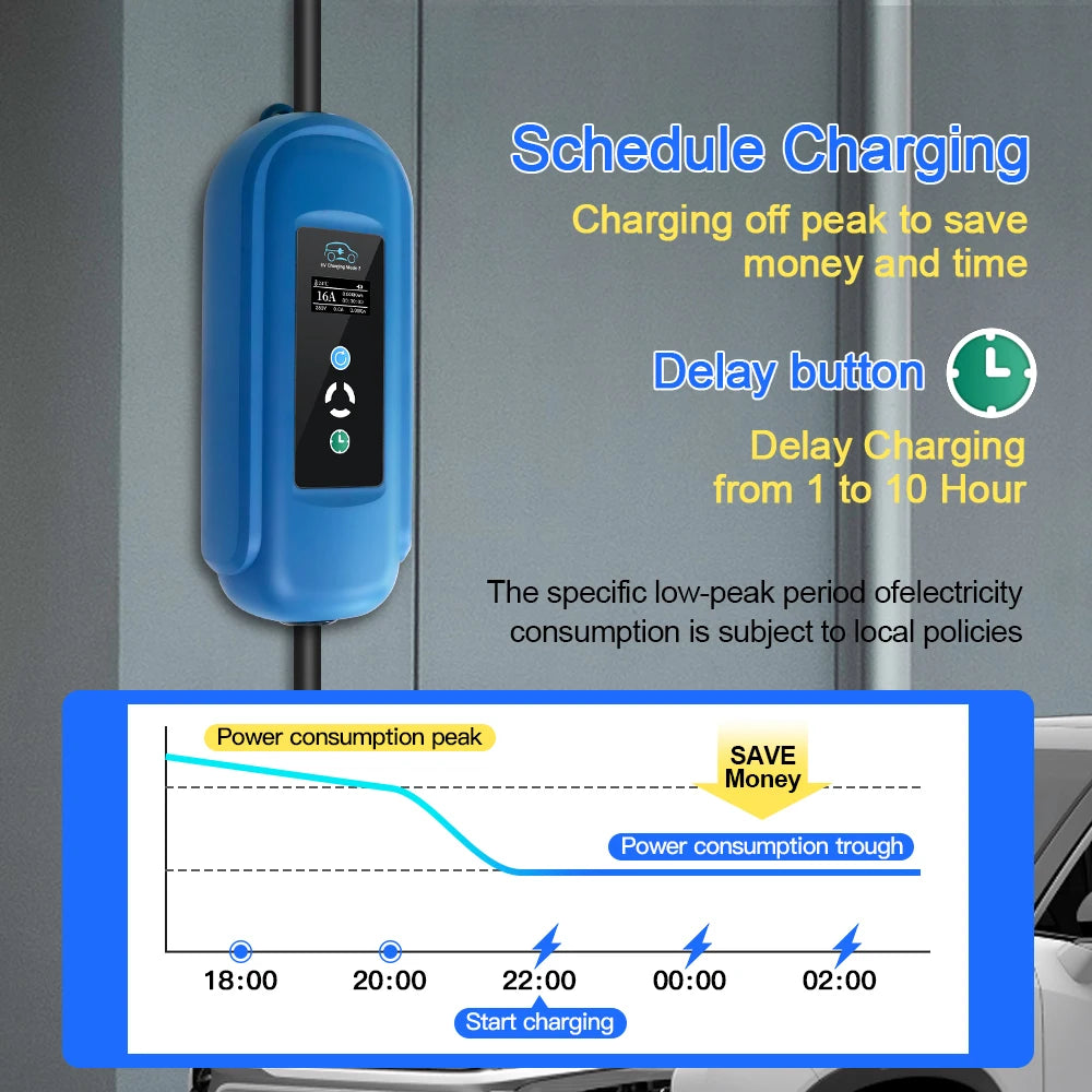 Mobile EV Charger 16A 11KW with Type 2 IEC-62196 Plug and Timer – 5M Cable for Hybrid EVs