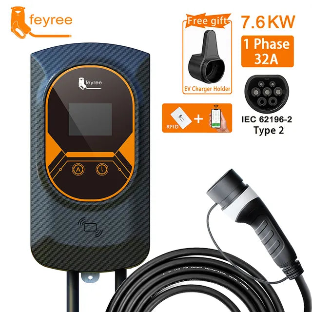 32A Feyree EV charger with 7.6/11/22KW Wallbox and Type 2 IEC62196 cable. Includes WiFi control, RFID cards, and wall mounting.