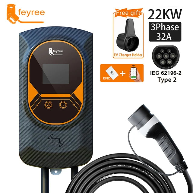 32A Feyree EV charger with 7.6/11/22KW Wallbox and Type 2 IEC62196 cable. Includes WiFi control, RFID cards, and wall mounting.