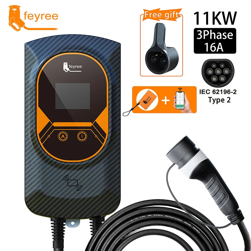 32A Feyree EV charger with 7.6/11/22KW Wallbox and Type 2 IEC62196 cable. Includes WiFi control, RFID cards, and wall mounting.