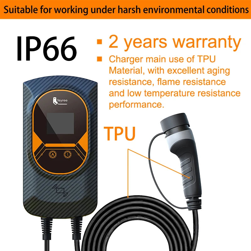 32A Feyree EV charger with 7.6/11/22KW Wallbox and Type 2 IEC62196 cable. Includes WiFi control, RFID cards, and wall mounting.