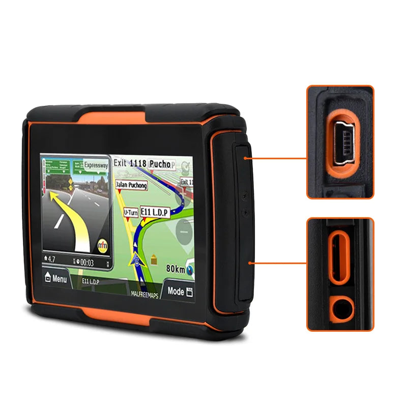 Waterproof GPS Navigation for Car and Motorcycle: IPX67, Bluetooth, FM, AVIN, 8GB Internal Storage