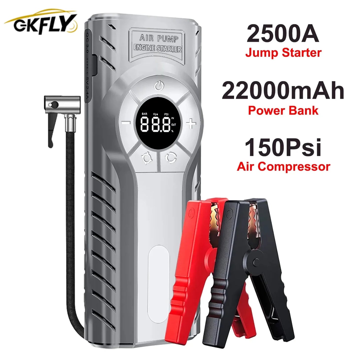12V Booster Starting Device 2500A, Car Starting Pump, Air Compressor, 22000mAh Bank, 150PSI Digital Tire Inflator, 4 in 1