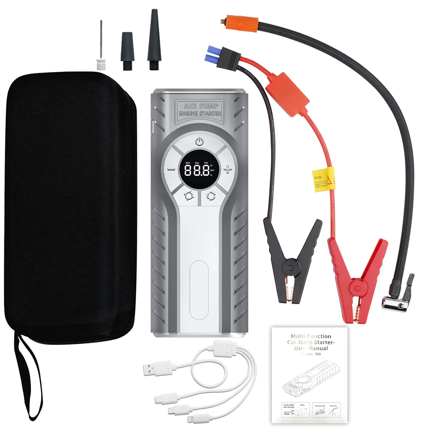 12V Booster Starting Device 2500A, Car Starting Pump, Air Compressor, 22000mAh Bank, 150PSI Digital Tire Inflator, 4 in 1
