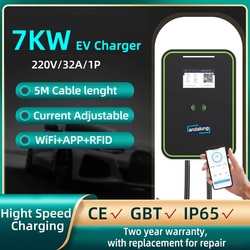 7KW EV charging station with WiFi control, RFID cards, and wall mounting. Voge2, GBT 32A EVSE.