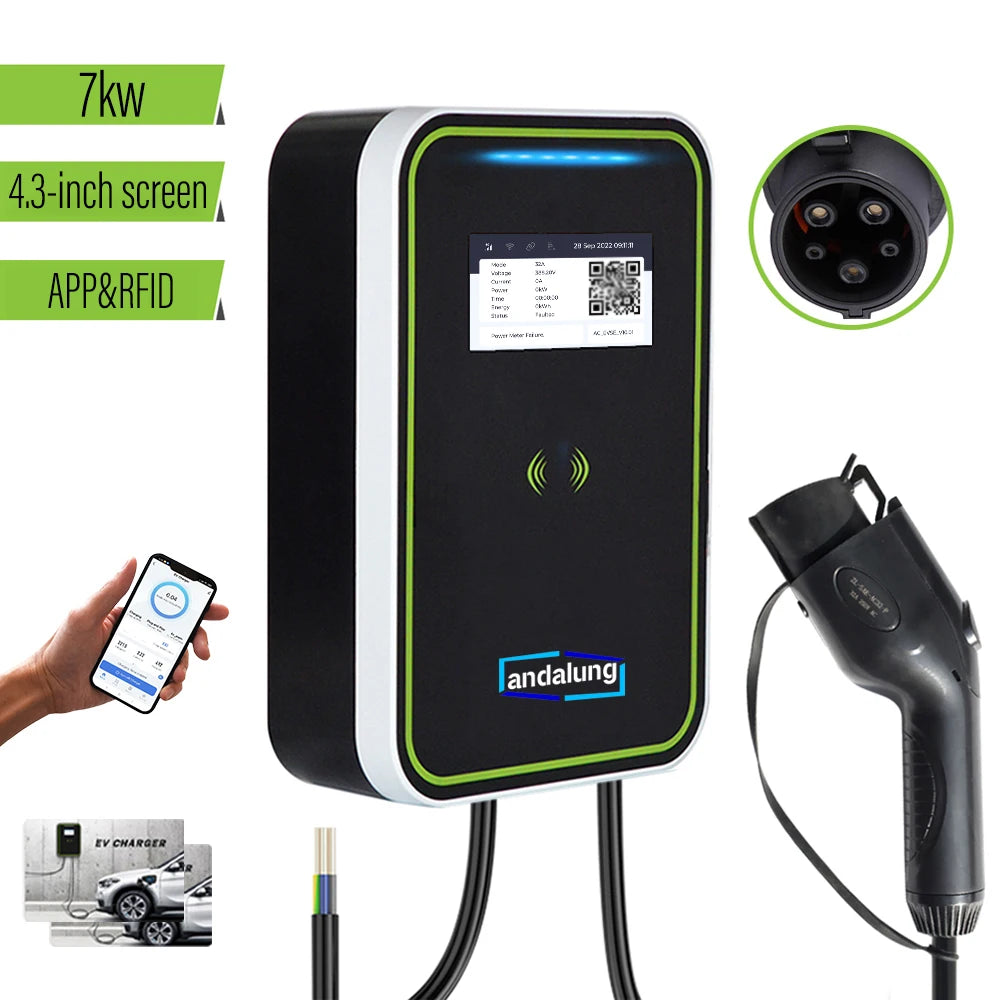 7KW EV charging station with WiFi control, RFID cards, and wall mounting. Voge2, GBT 32A EVSE.