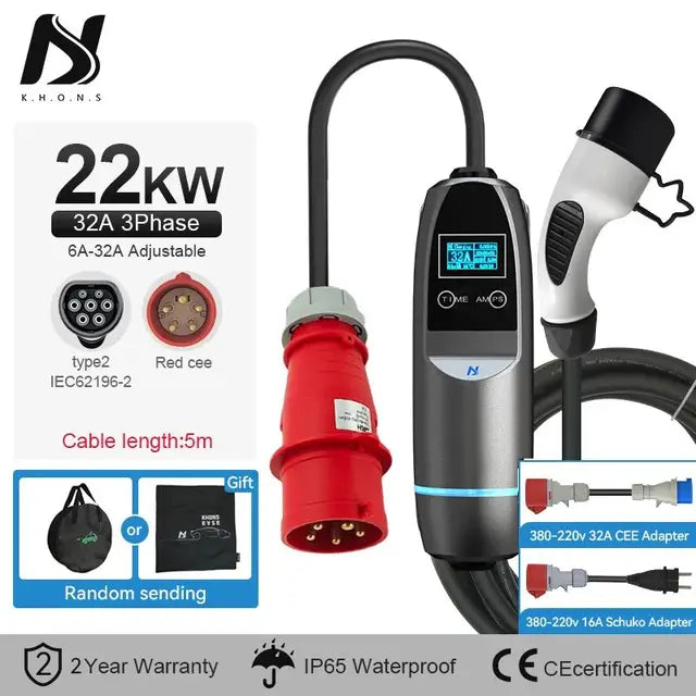 Tiens ons 22KW EV Charger: 3-Phase Electric Car Charger with Vope2, 16A/32A IEC62196-2 Cable, CEE Plug Charging Station