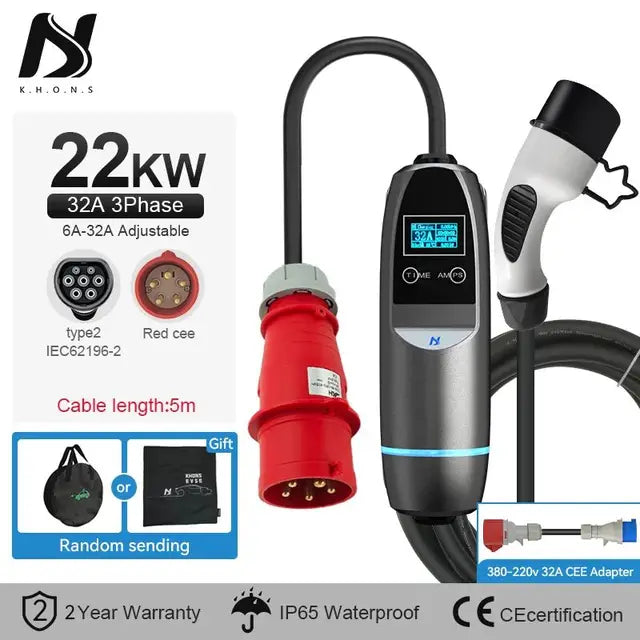 Tiens ons 22KW EV Charger: 3-Phase Electric Car Charger with Vope2, 16A/32A IEC62196-2 Cable, CEE Plug Charging Station