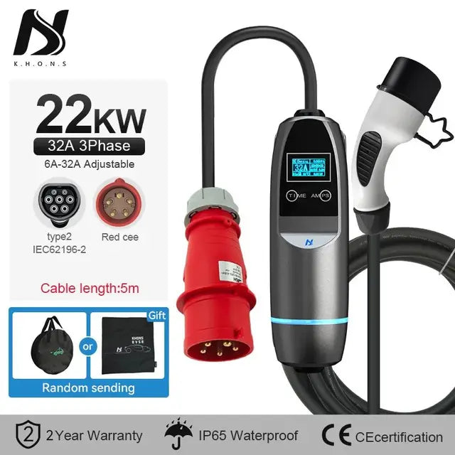 Tiens ons 22KW EV Charger: 3-Phase Electric Car Charger with Vope2, 16A/32A IEC62196-2 Cable, CEE Plug Charging Station