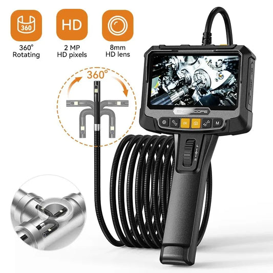 360° 1080P Steering Endoscope for Car Engine and Pipe, 8mm 5" IPS Screen Single Dual Lens Inspection