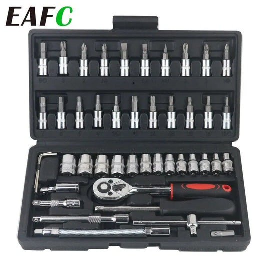 46Pcs Car Repair Tool Kit, 1/4" Socket Set, Ratchet Torque Wrench