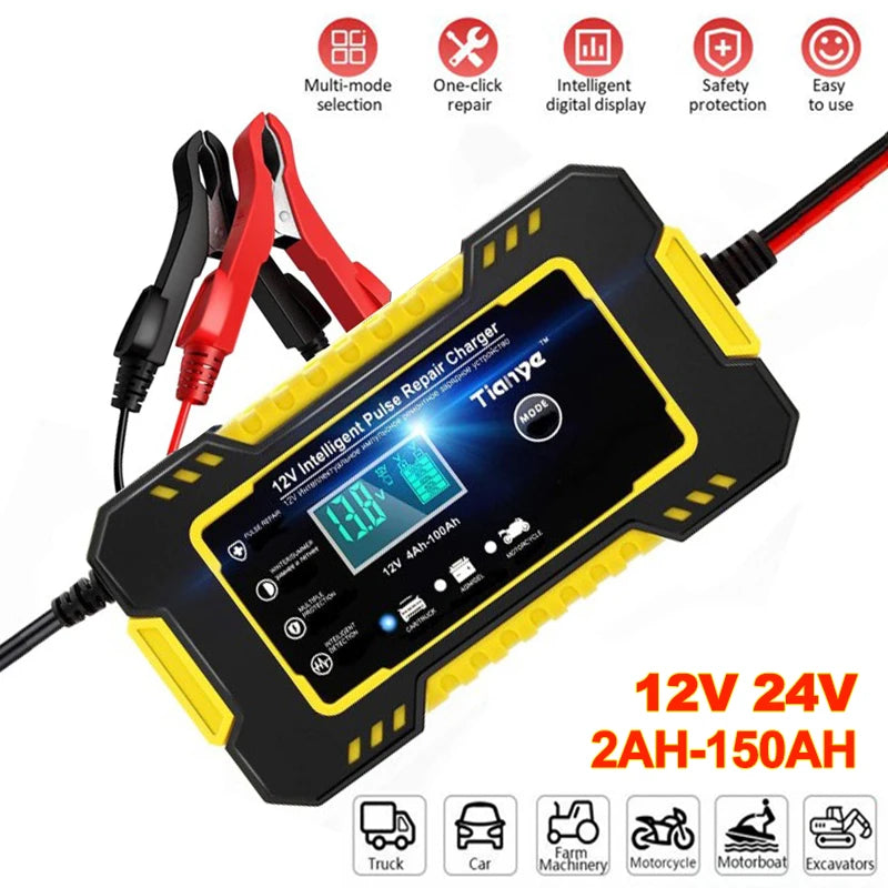 12V 6A Car Battery Charger, LCD Display Intelligent Fast Charging AGM Deep Cycle GEL Lead-Acid Battery