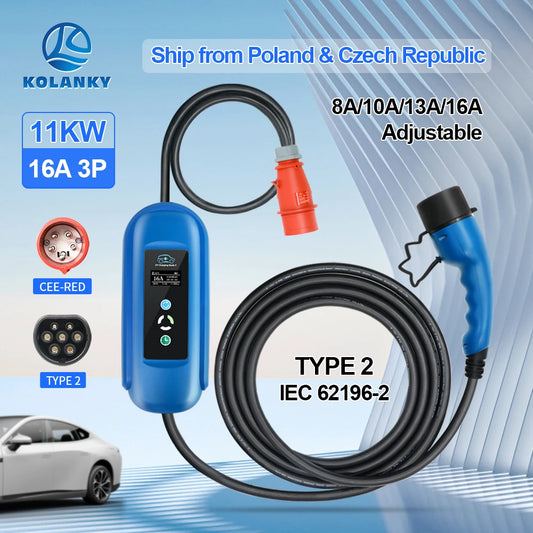 Mobile EV Charger 16A 11KW with Type 2 IEC-62196 Plug and Timer – 5M Cable for Hybrid EVs