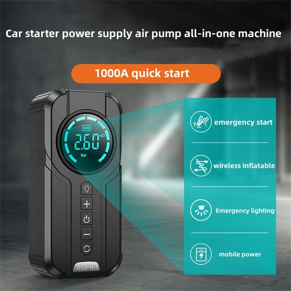 Compresseur d'air, banque d'alimentation, démarreurs de batterie de voitures, démarrage automatique, gonfleur, 4 en 1