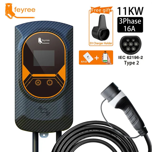 32A Feyree EV charger with 7.6/11/22KW Wallbox and Type 2 IEC62196 cable. Includes WiFi control, RFID cards, and wall mounting.