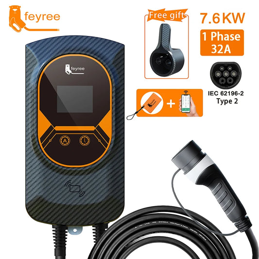 32A Feyree EV charger with 7.6/11/22KW Wallbox and Type 2 IEC62196 cable. Includes WiFi control, RFID cards, and wall mounting.