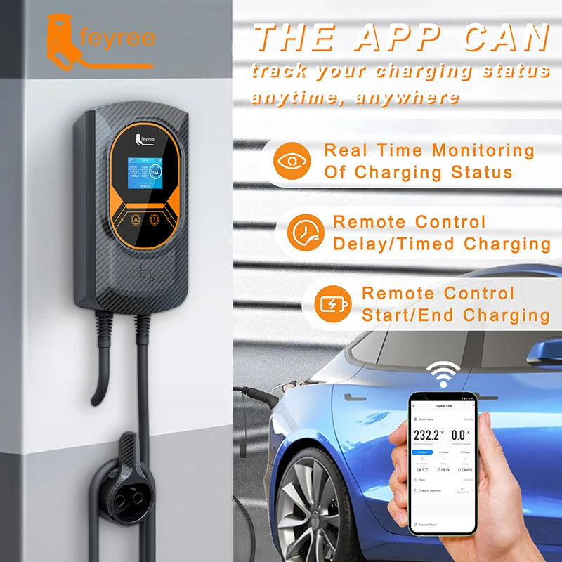 32A Feyree EV charger with 7.6/11/22KW Wallbox and Type 2 IEC62196 cable. Includes WiFi control, RFID cards, and wall mounting.