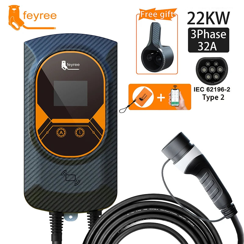 32A Feyree EV charger with 7.6/11/22KW Wallbox and Type 2 IEC62196 cable. Includes WiFi control, RFID cards, and wall mounting.