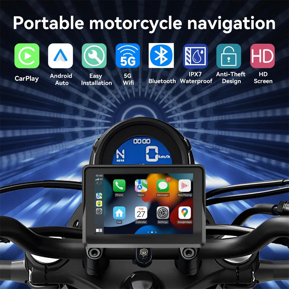 Navigation GPS Tactile Portable pour Moto, Navigateur Spécial, Prise en Charge CarPlay / Android Auto, Étanche IPX76, 7 Pouces