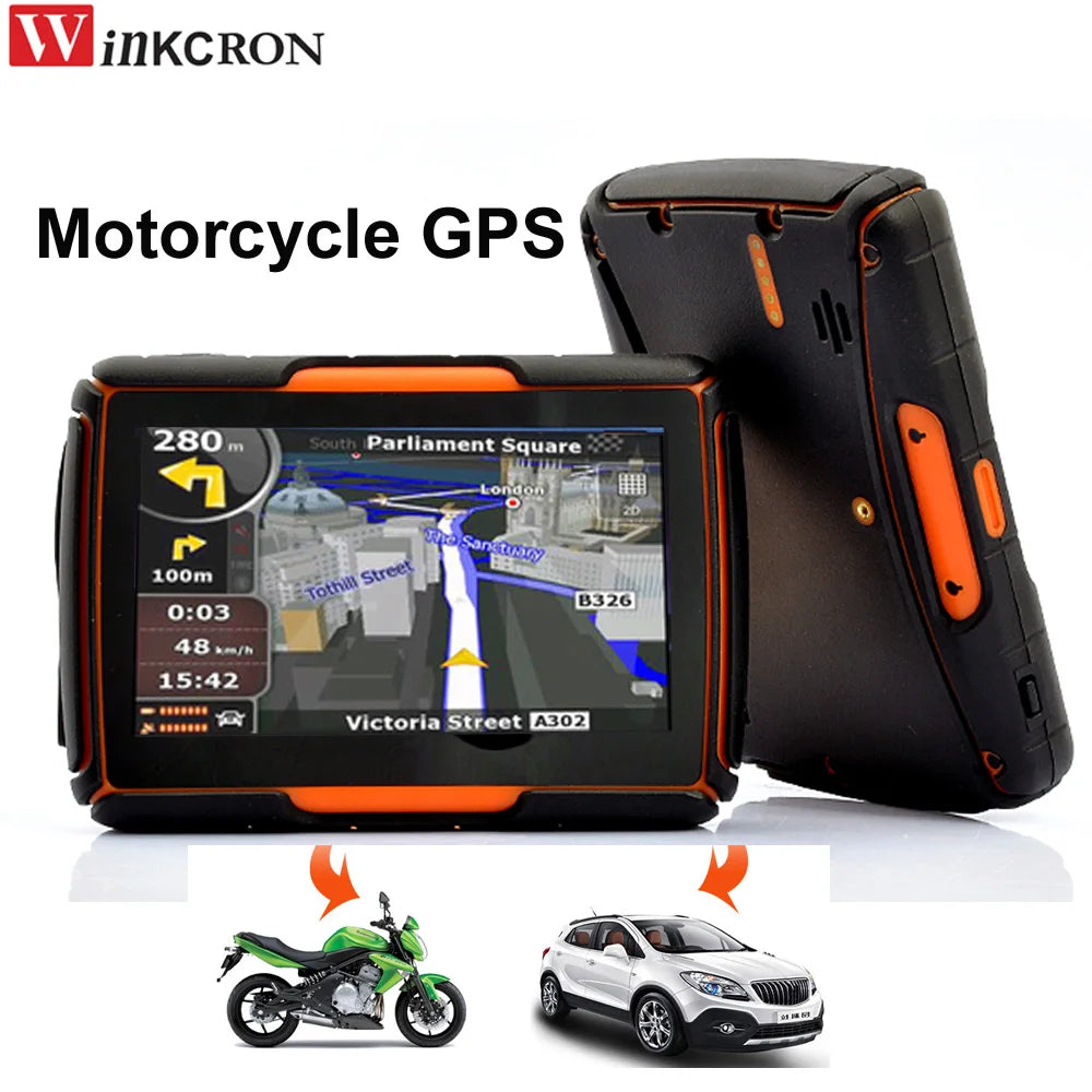 Waterproof GPS Navigation for Car and Motorcycle: IPX67, Bluetooth, FM, AVIN, 8GB Internal Storage