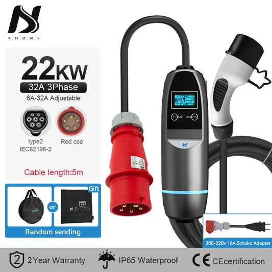 Tiens ons 22KW EV Charger: 3-Phase Electric Car Charger with Vope2, 16A/32A IEC62196-2 Cable, CEE Plug Charging Station