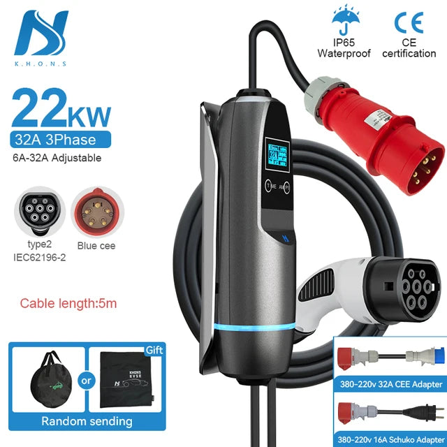 Tiens ons Portable EV Charger: Three-Phase Wall-Mounted EVSE with CEE Plug, Vope2, 16A/32A, 11KW/22KW