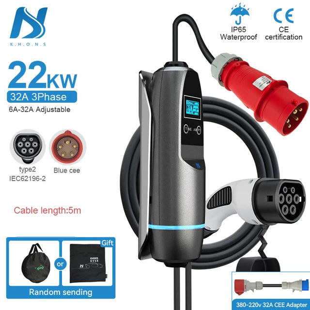 Tiens ons Portable EV Charger: Three-Phase Wall-Mounted EVSE with CEE Plug, Vope2, 16A/32A, 11KW/22KW