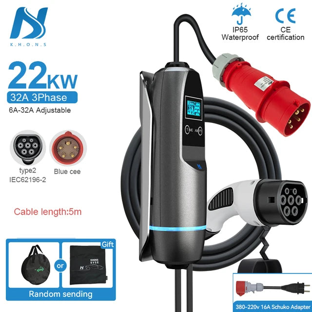 Tiens ons Portable EV Charger: Three-Phase Wall-Mounted EVSE with CEE Plug, Vope2, 16A/32A, 11KW/22KW