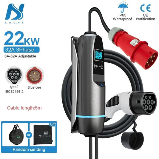 Tiens ons Portable EV Charger: Three-Phase Wall-Mounted EVSE with CEE Plug, Vope2, 16A/32A, 11KW/22KW