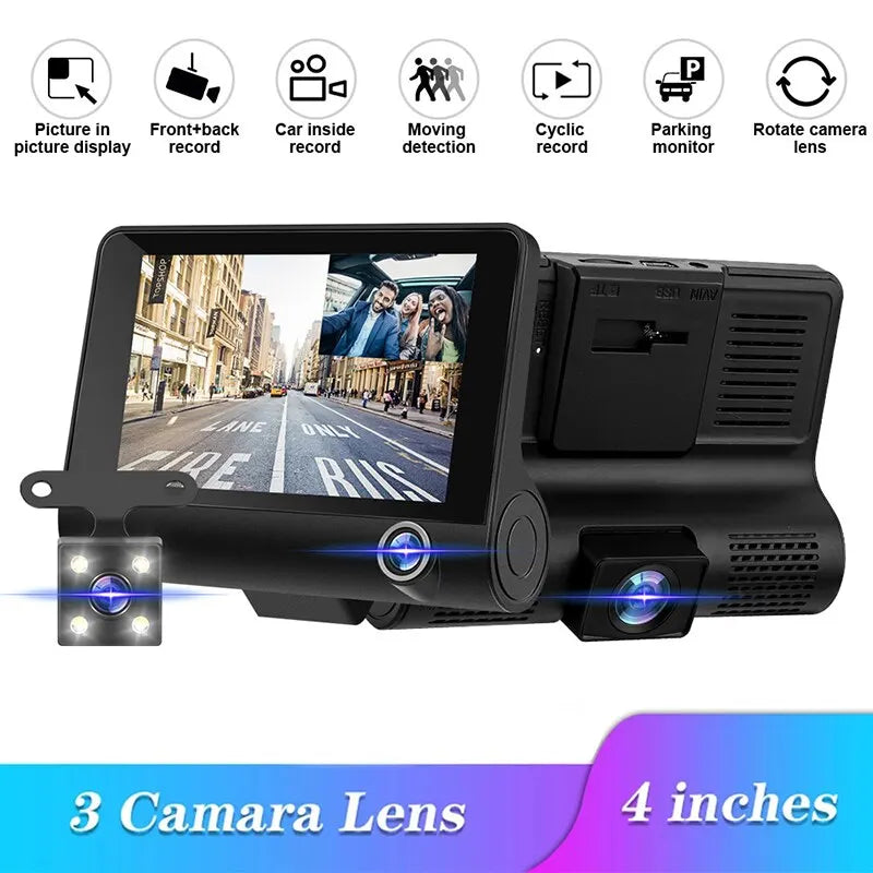 Voiture DVR HD Grand Écran 3 Caméras avec Inversion Enregistreur Vidéo Caméra À Trois Voies Tachygraphe