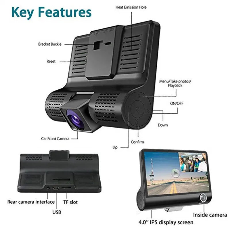 Voiture DVR HD Grand Écran 3 Caméras avec Inversion Enregistreur Vidéo Caméra À Trois Voies Tachygraphe