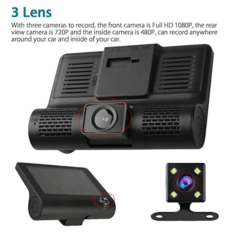 Voiture DVR HD Grand Écran 3 Caméras avec Inversion Enregistreur Vidéo Caméra À Trois Voies Tachygraphe